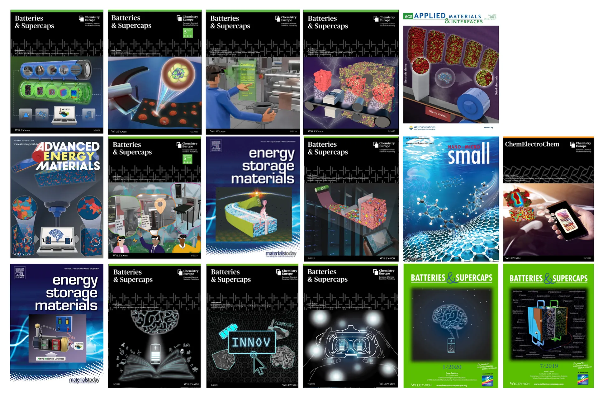 A grid of peer-reviewed journal covers featuring the research group's battery work