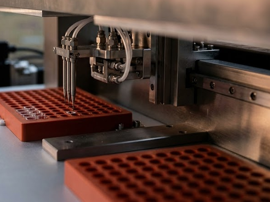 An automated station dispensing electrolyte into rows of cylindrical battery cells