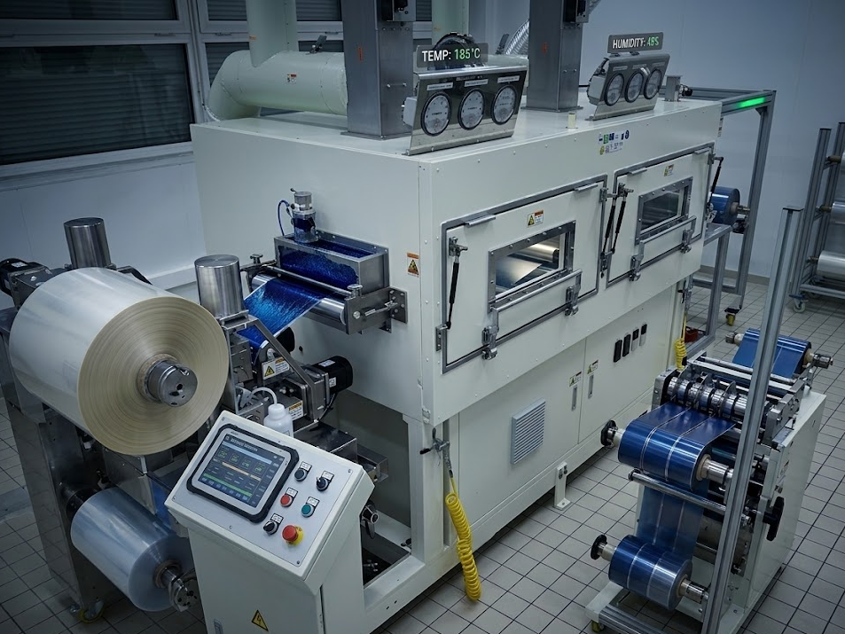 A pilot-scale electrode coating line with foil reels and a control panel